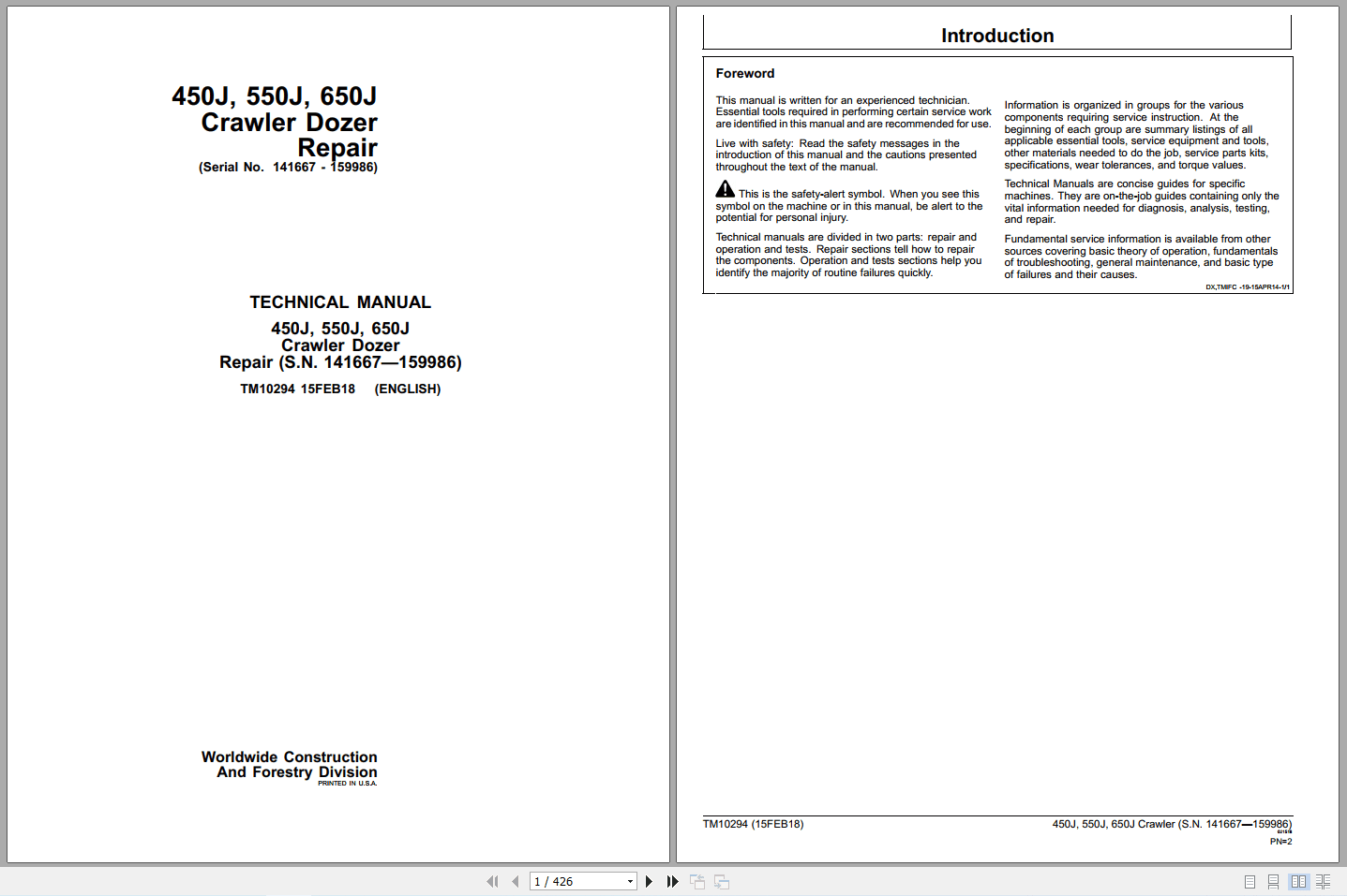 John Deere 450J 550J 650J Crawler Dozer Repair Technical Manual TM10294 (1)
