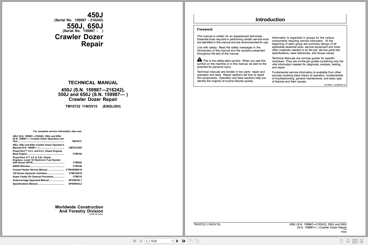 John Deere 450J 550J 650J Crawler Dozer Repair Technical Manual TM10722 (1)