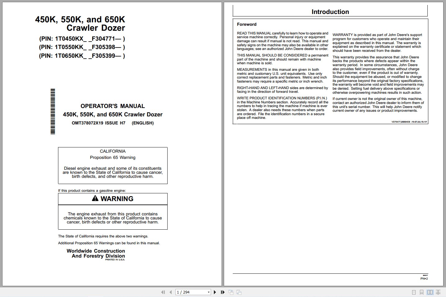 John Deere 450K 550K 650K Crawler Dozer Operators Manual OMT378072X19 H7 (1)