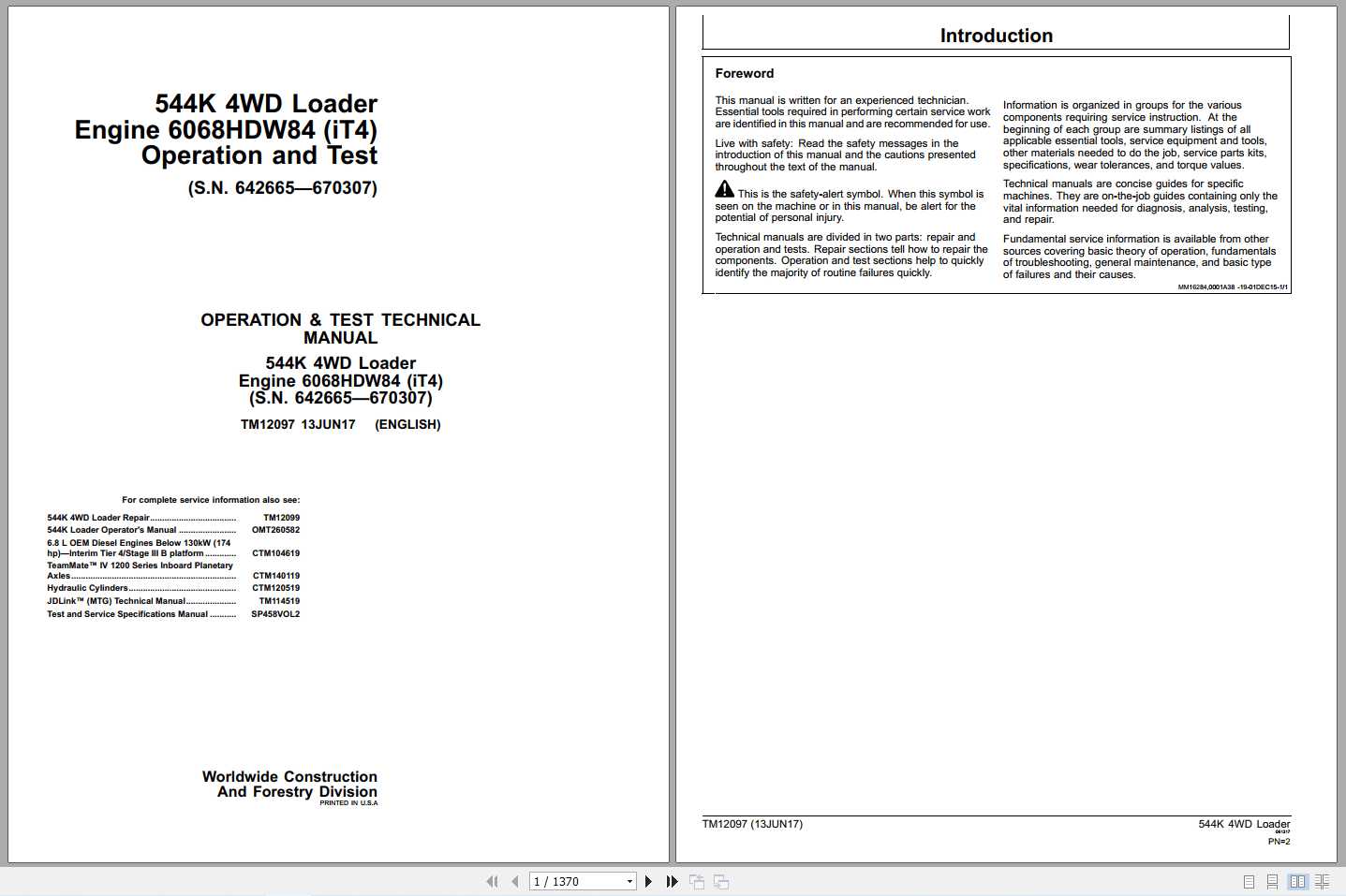 John Deere 544K 4WD Loader Operation Test Manual TM12097 2017 (1)