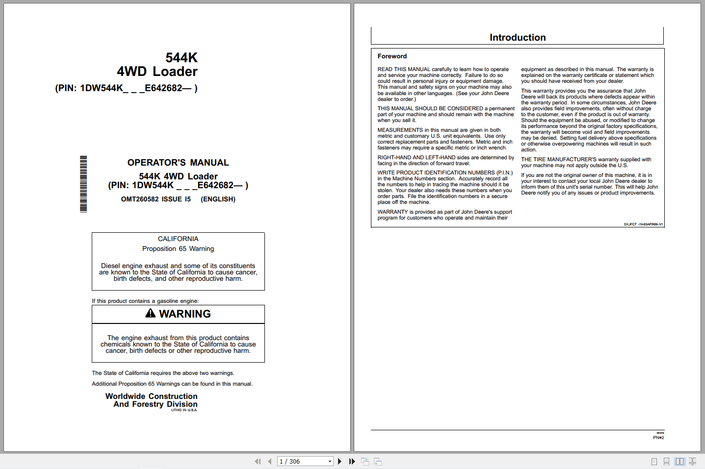 John Deere 544K 4WD Loader Operators Manual OMT260582 (1)