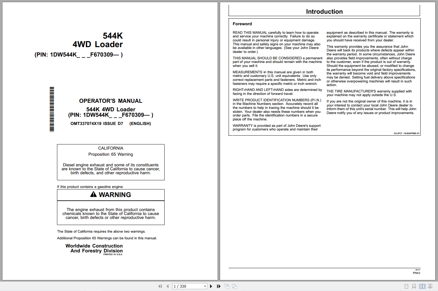 John Deere 544K 4WD Loader Operators Manual OMT337074X19 (1)