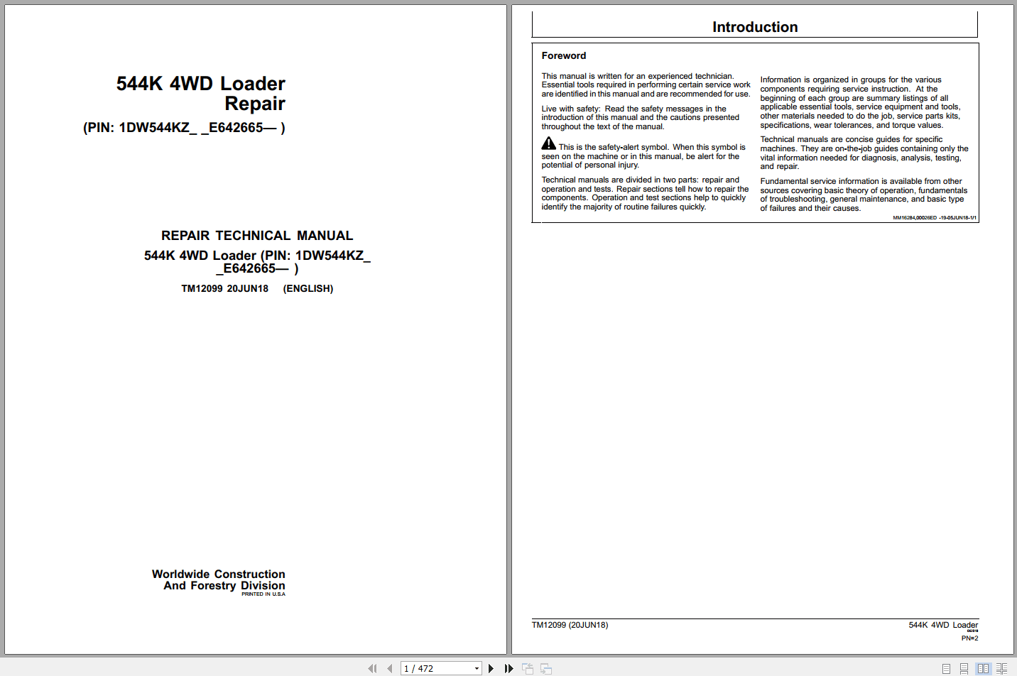 John Deere 544K 4WD Loader Repair Technical Manual TM12099 2018 (1)