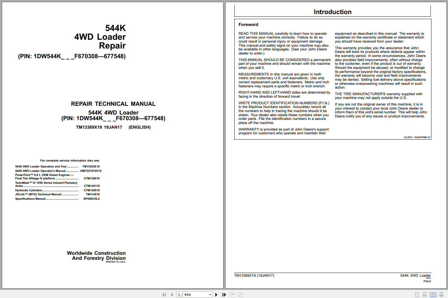 John Deere 544K 4WD Loader Repair Technical Manual TM13369X19 2017 (1)