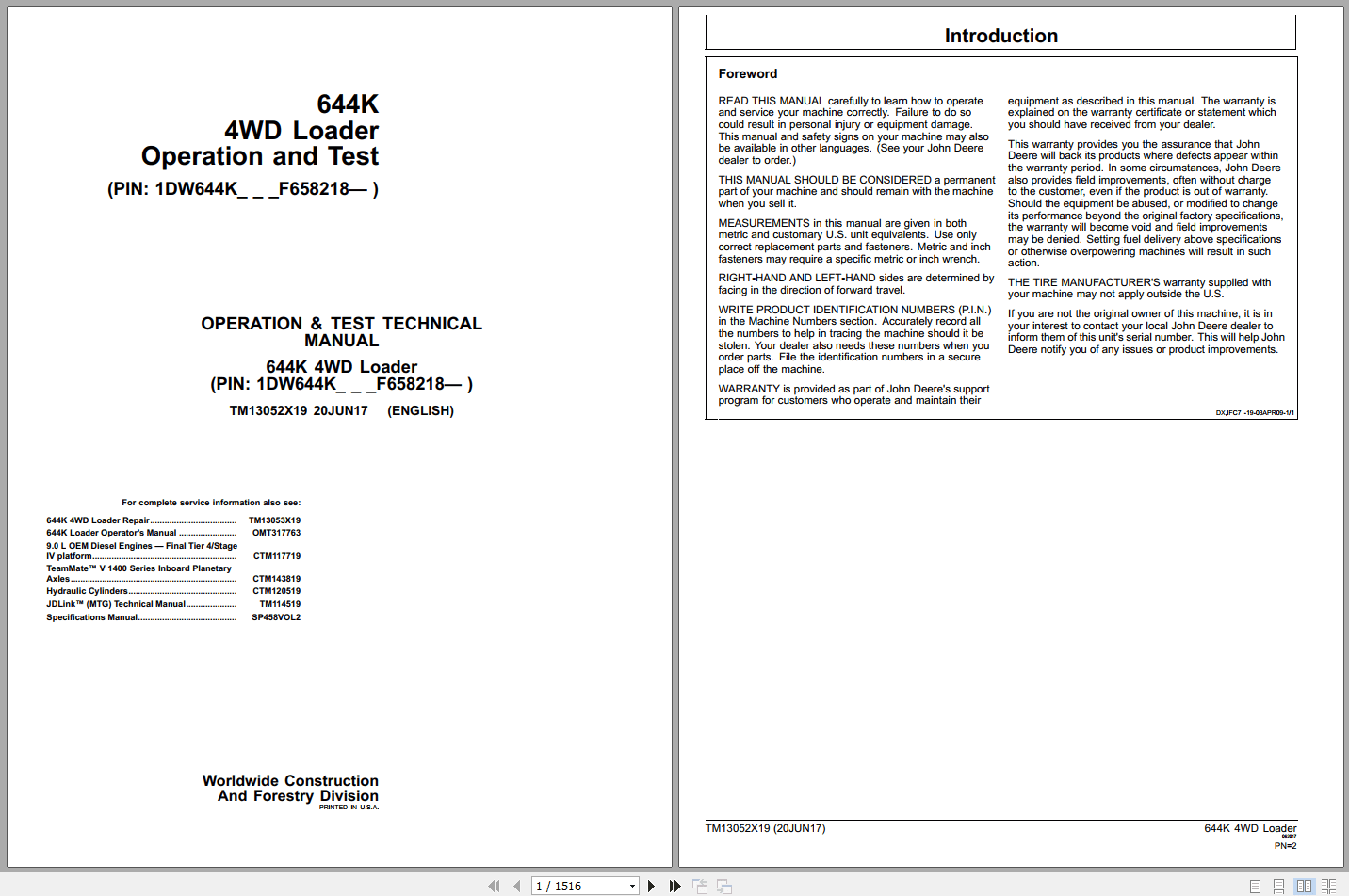 John Deere 644K 4WD Loader Operation Test Manual TM13052X19 2017 (1)
