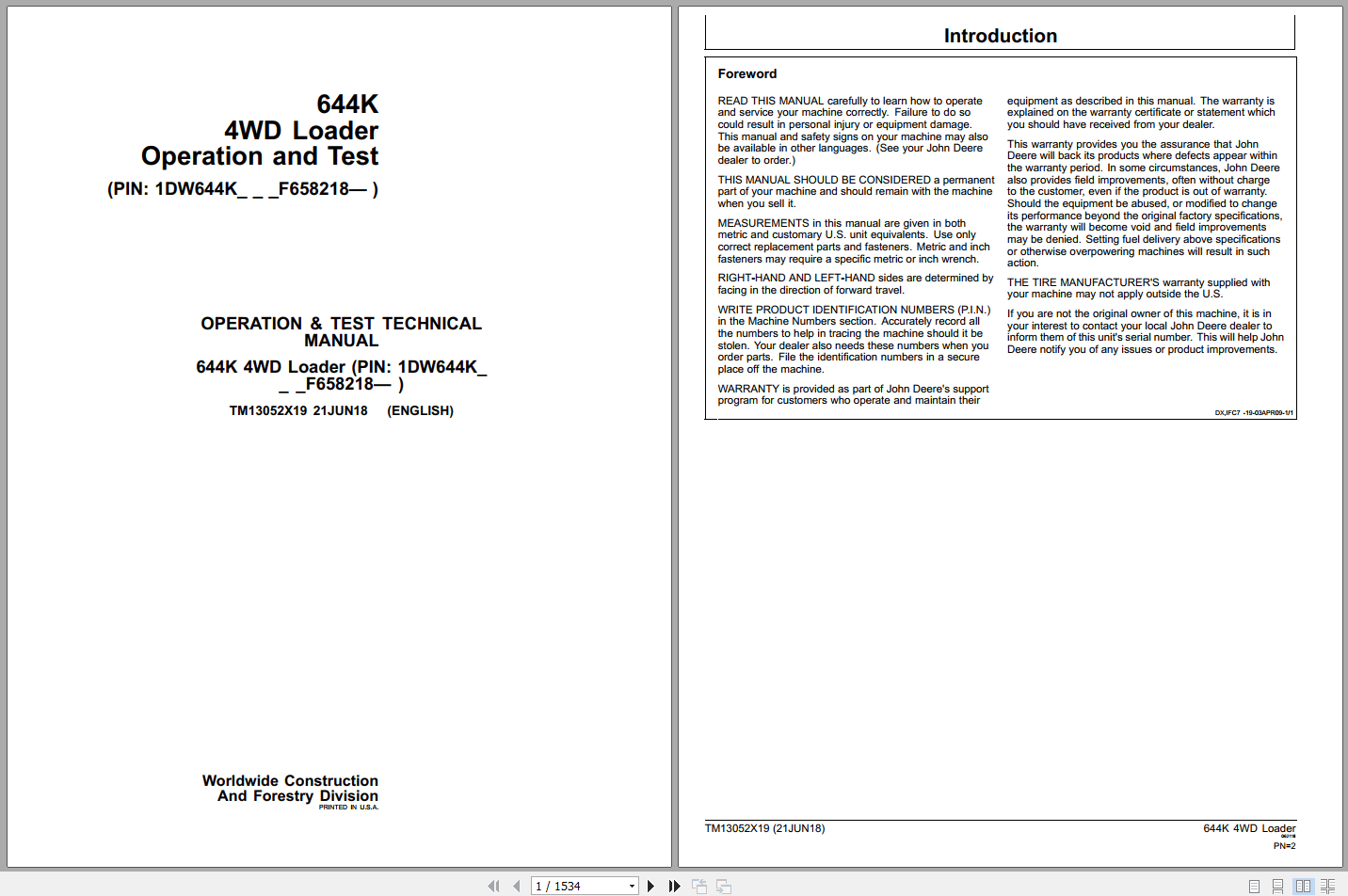 John Deere 644K 4WD Loader Operation Test Manual TM13052X19 2018 (1)