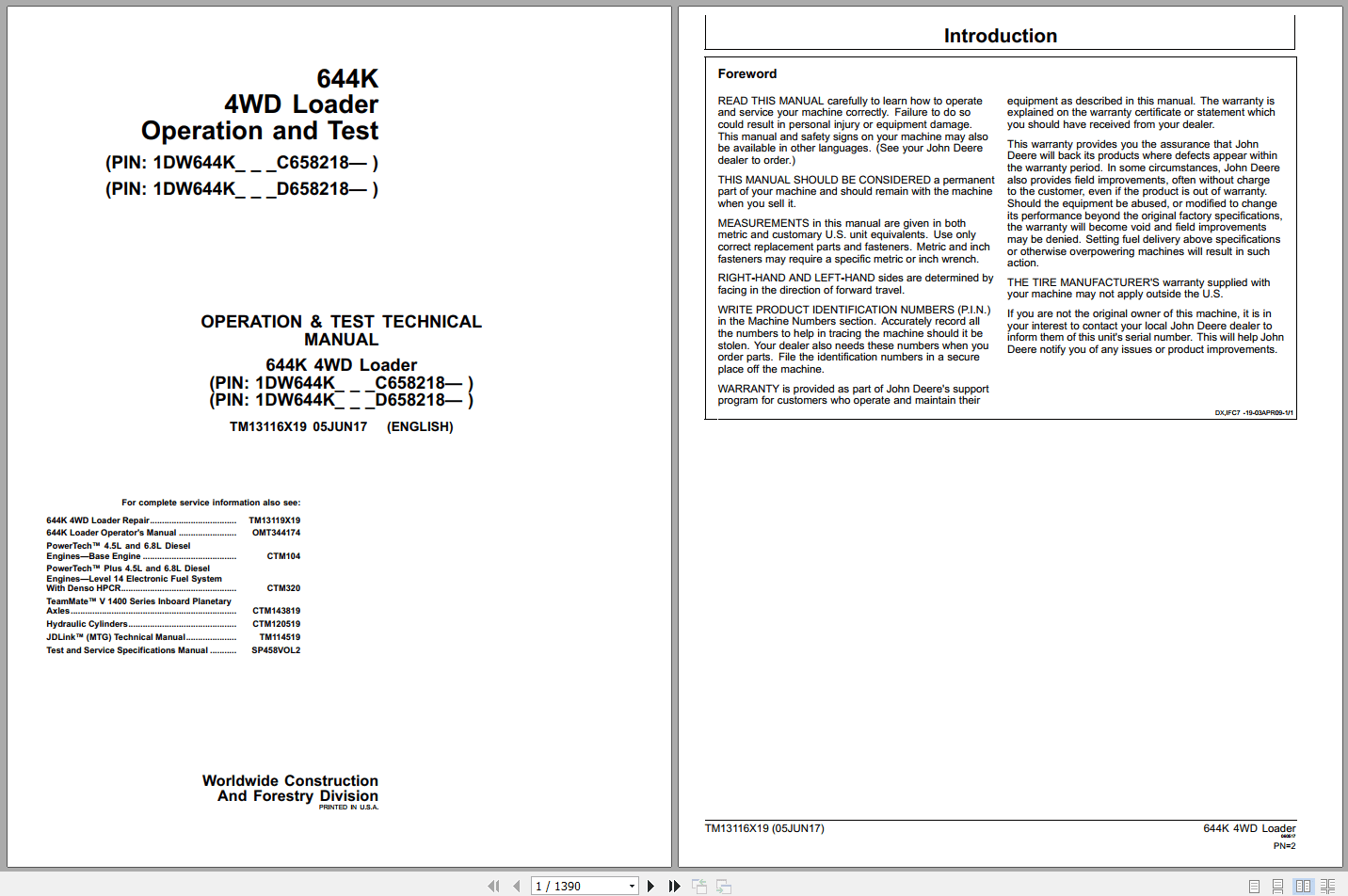 John Deere 644K 4WD Loader Operation Test Manual TM13116X19 2017 (1)
