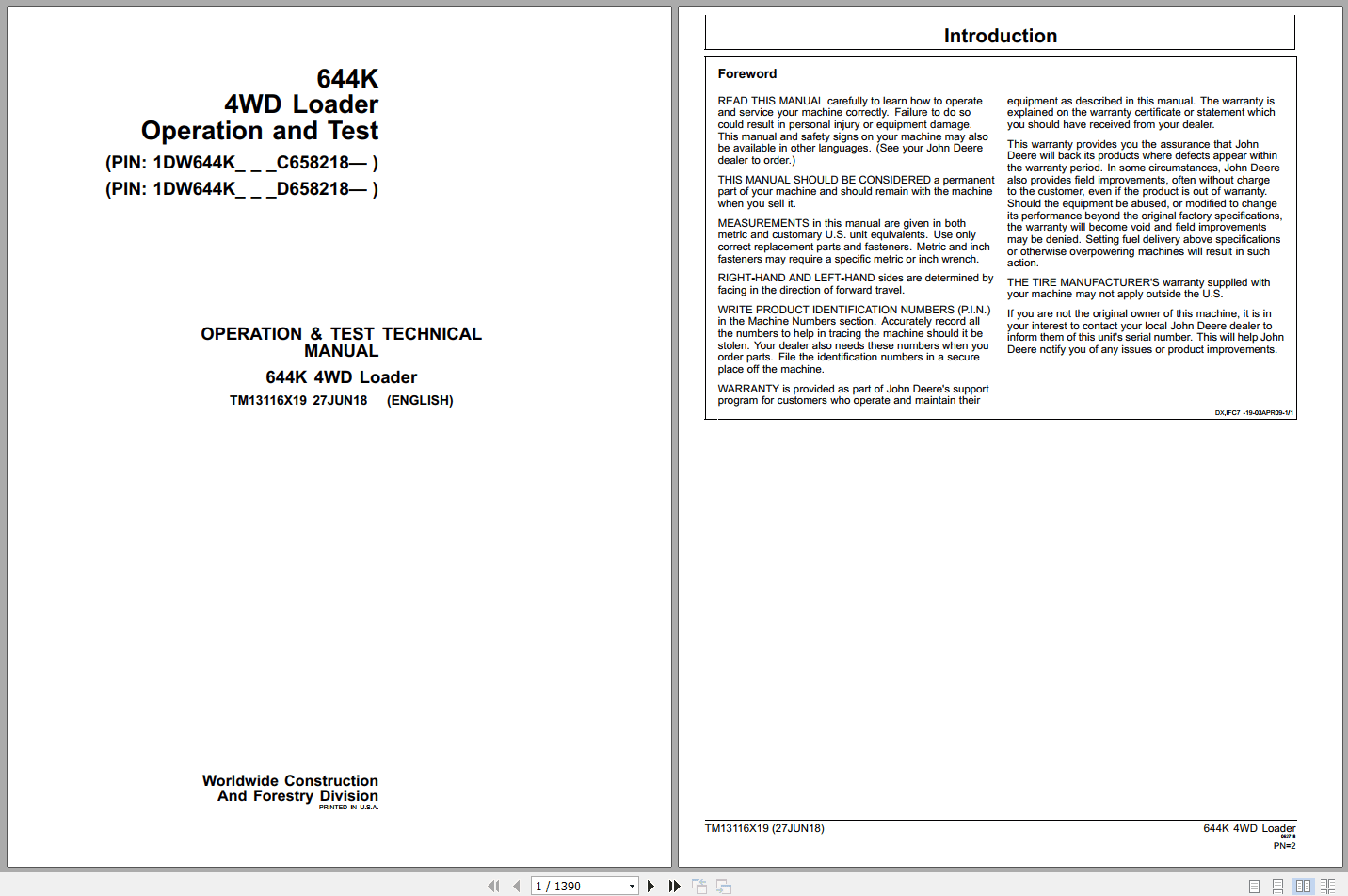 John Deere 644K 4WD Loader Operation Test Manual TM13116X19 2018 (1)