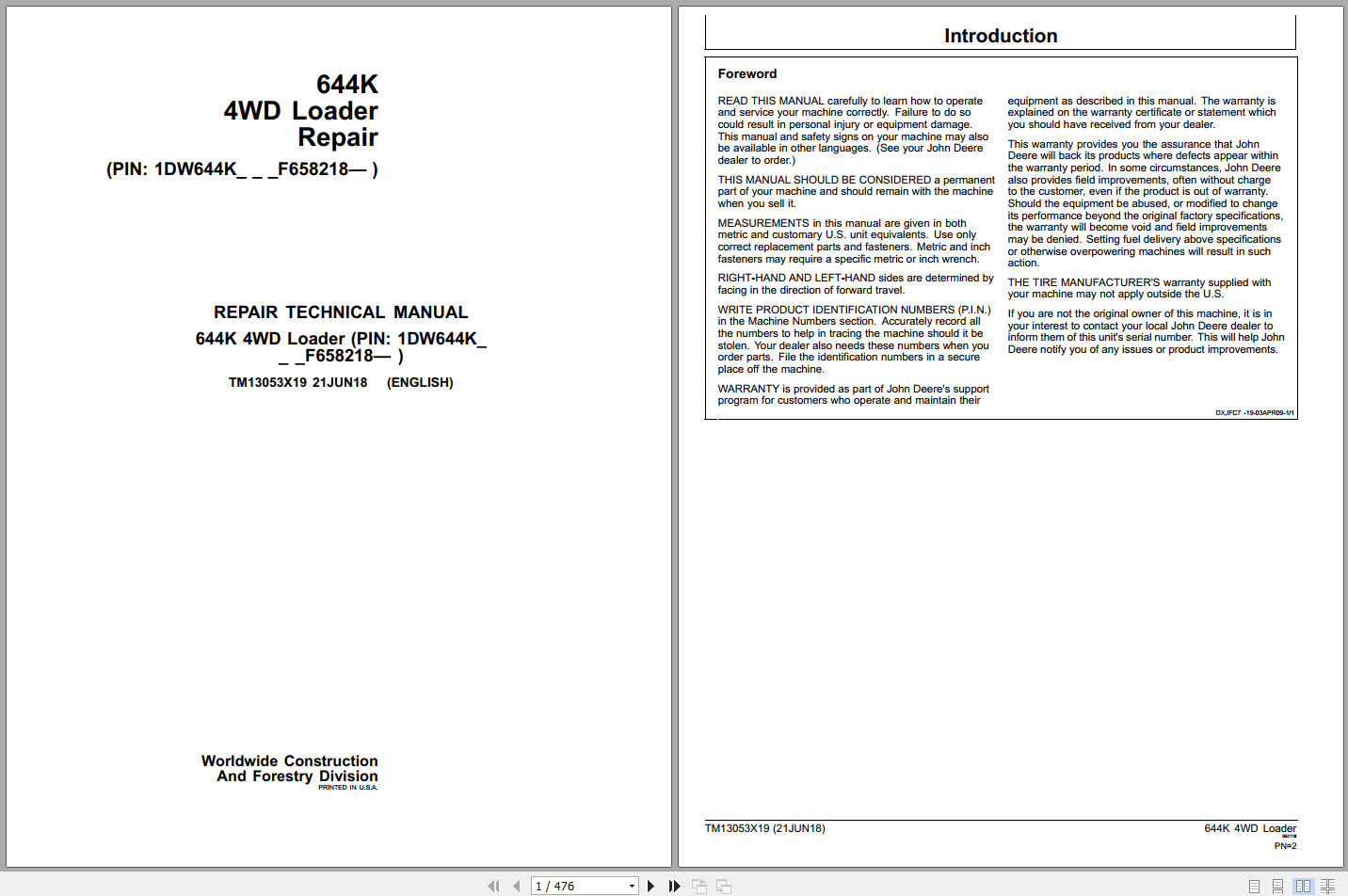 John Deere 644K 4WD Loader Repair Technical Manual TM13053X19 2018 (1)