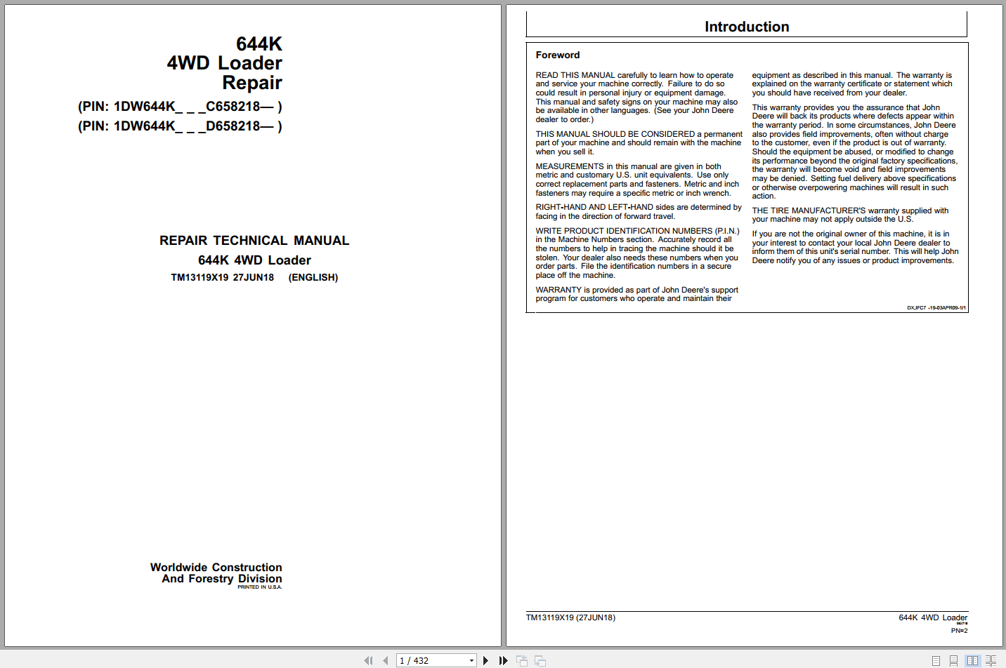 John Deere 644K 4WD Loader Repair Technical Manual TM13119X19 2018 (1)