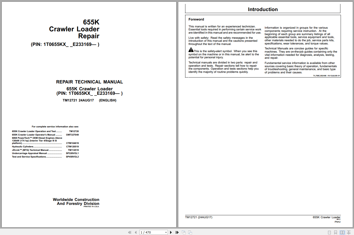 John Deere 655K Crawler Loader Repair Technical Manual TM12721 (1)