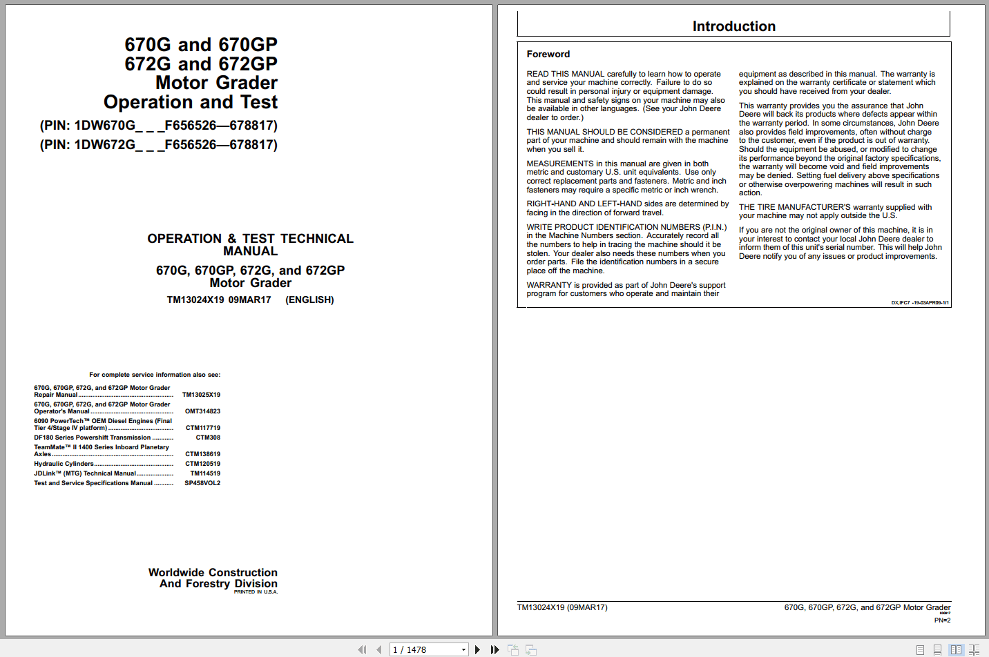 John Deere 670G 670GP 672G 672GP Motor Grader Operation Test Manual TM13024X19 (1)