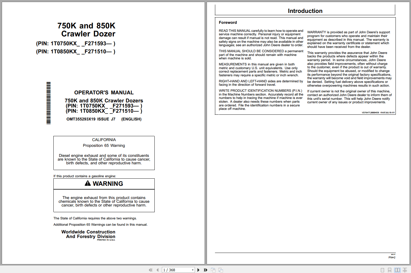 John Deere 750K 850K Crawler Dozer Operators Manual OMT355293X19 J7 (1)