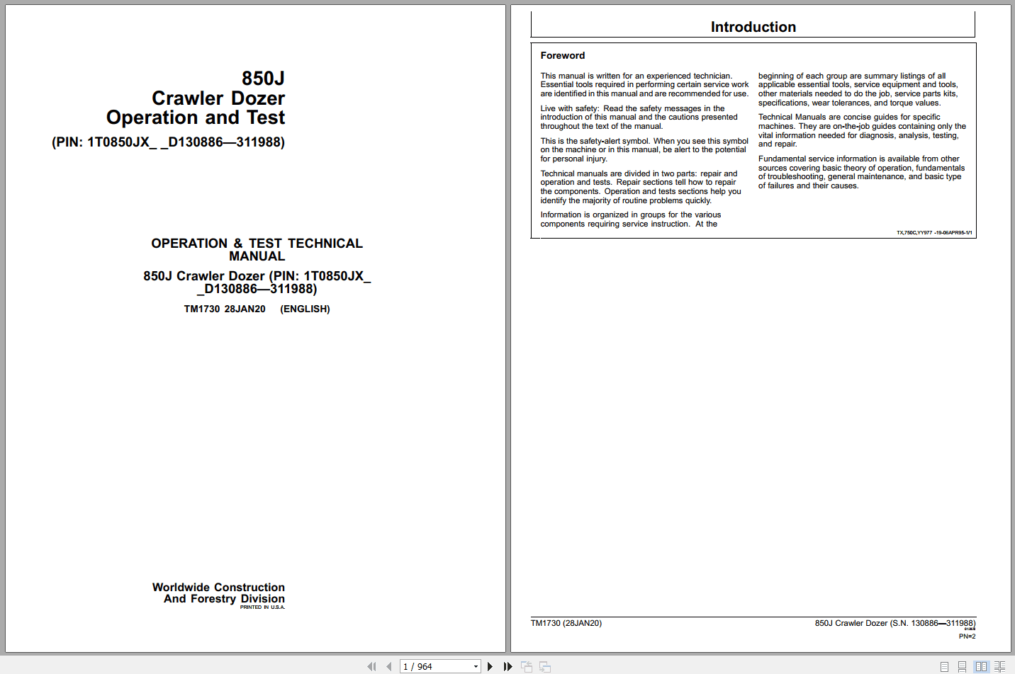 John Deere 850J Crawler Dozer Operation Test Manual TM1730 (1)