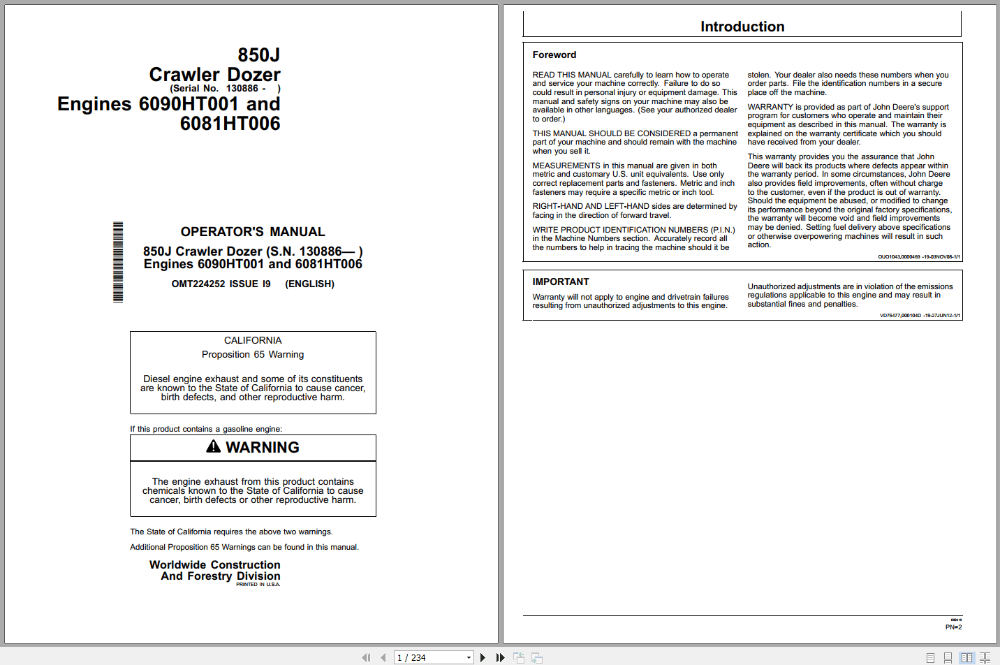 John Deere 850J Crawler Dozer Operators Manual OMT224252 (1)