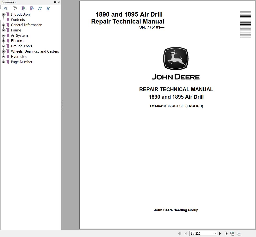 John Deere Air Drill 1890 1895 Repair Technical Manual TM145319 (1)