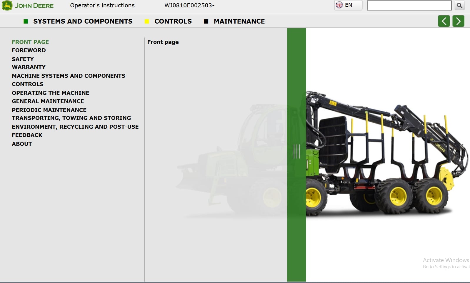 John Deere Forwarder 810E WJ0810E002503 Operation Manual (1)