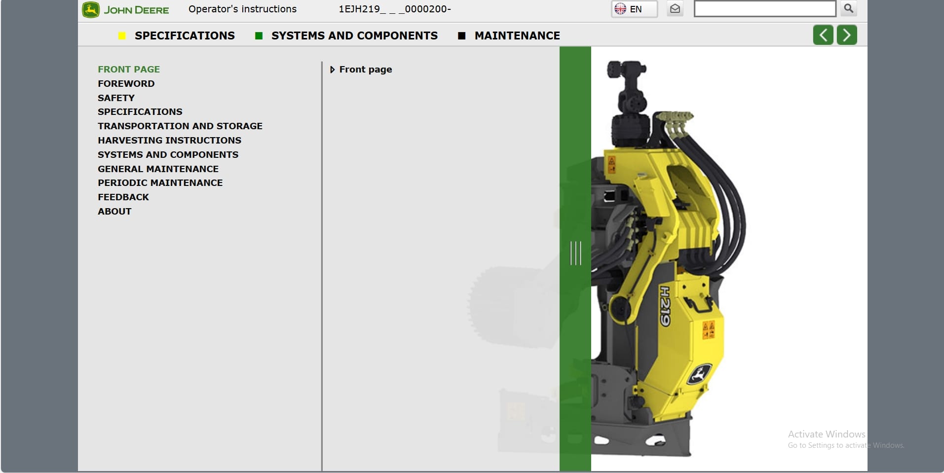 John Deere Harvester Head H219 1EJH2190000200 Operation Manual (1)