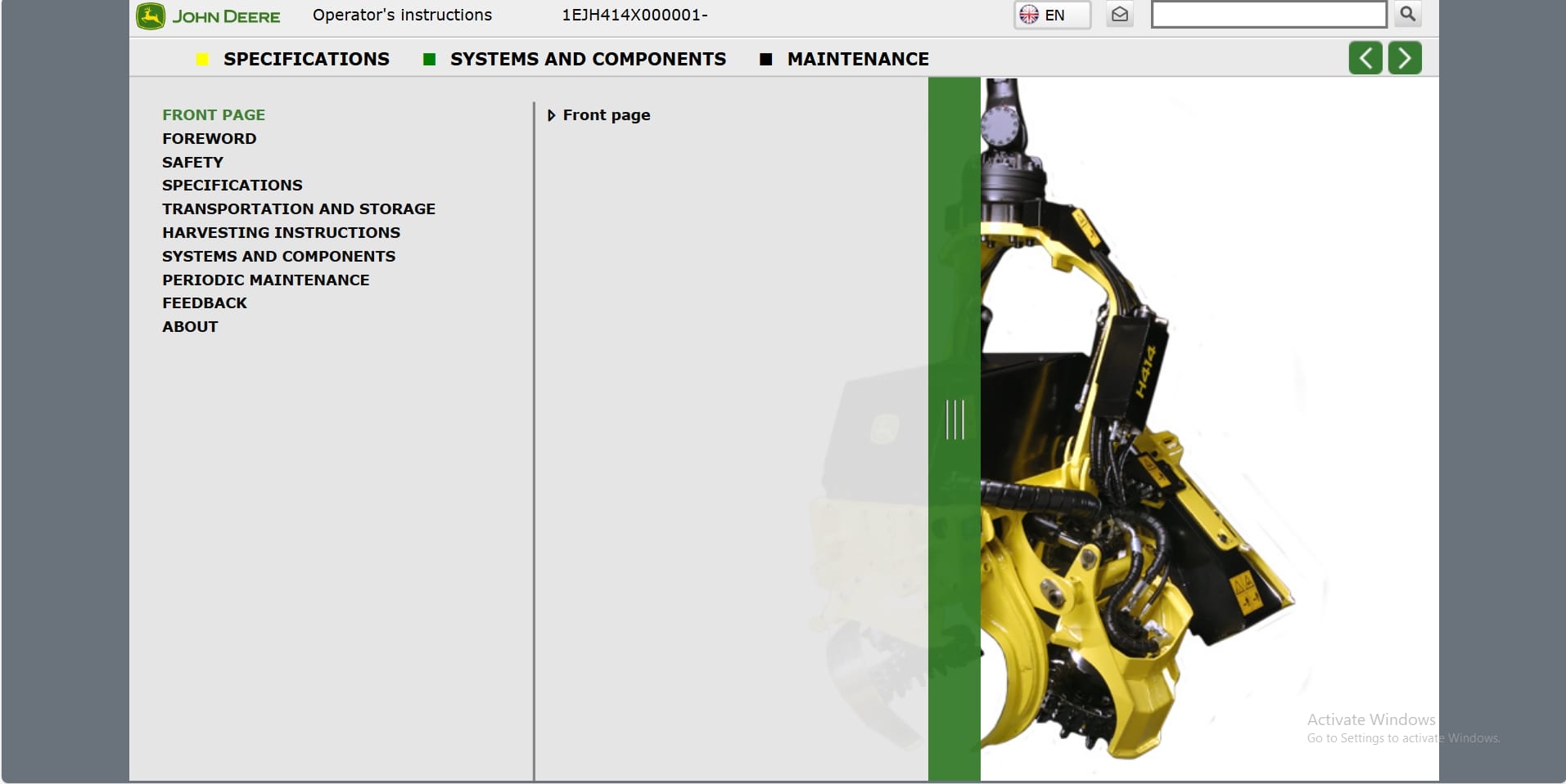 John Deere Harvester Head H414 1EJH414X000001 Operation Manual (1)