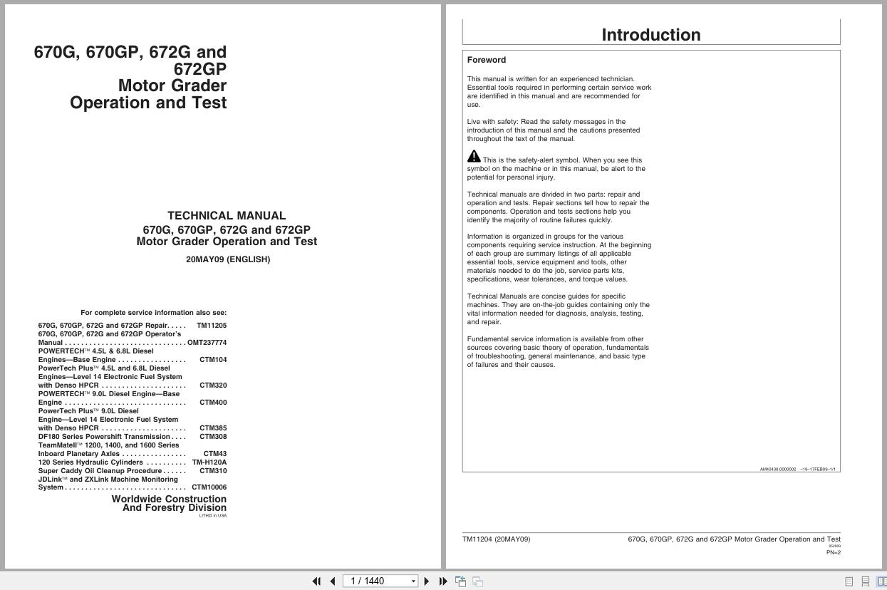 John Deere Motor Grader 670G 670GP 672G 672GP Operation And Test Manual TM11204 (1)