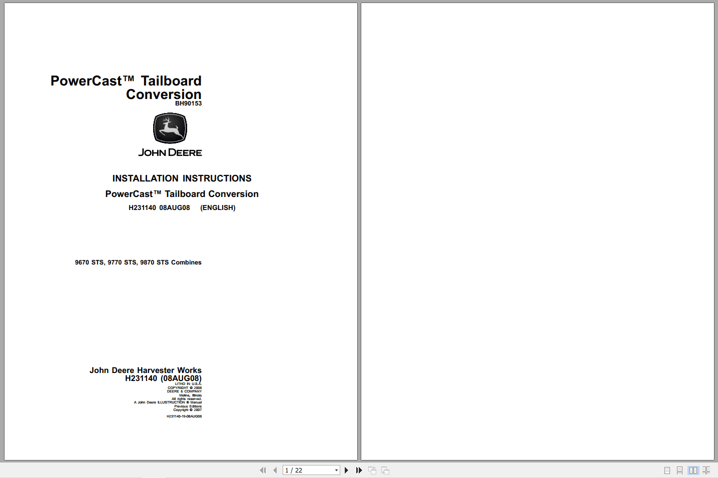 John Deere PowerCast Tailboard Conversion Installation Instructions Manual H231140 (1)