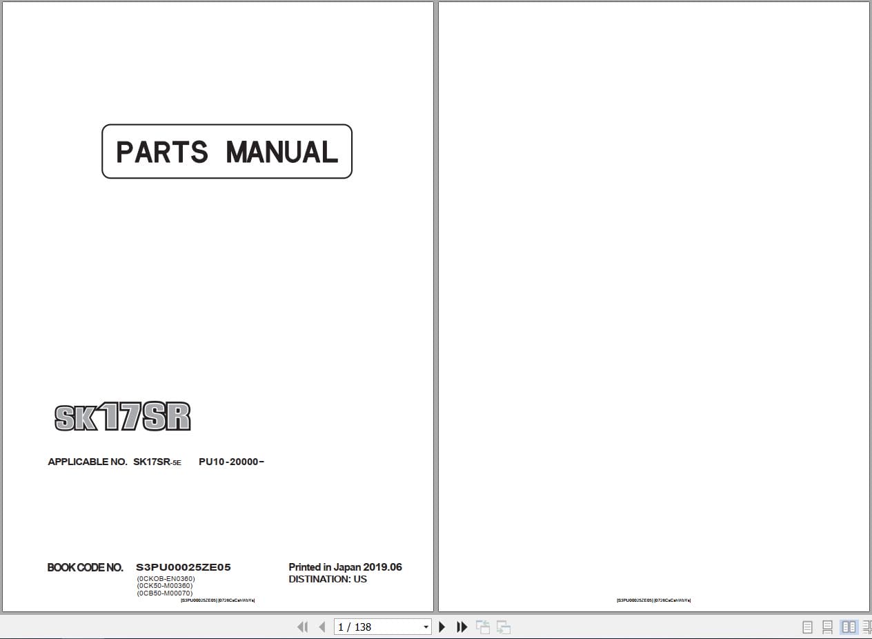 Kobelco Excavator SK17SR 5E Parts Manual S3PU00025ZE05 2019 (1)