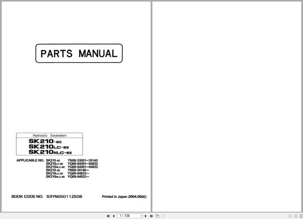 Kobelco Excavator SK210 6E SK210LC 6E SK210NLC 6E Parts Manual S3YT00011ZE06 EN JP (1)