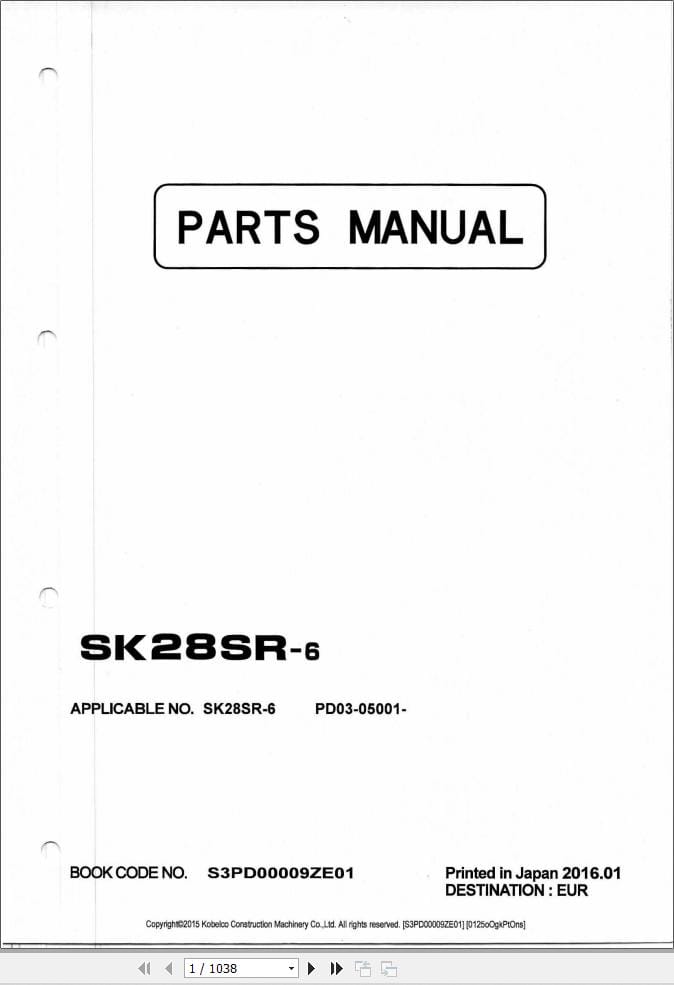 Kobelco Excavator SK28SR 6 Parts Catalog S3PD00009ZE01 EN JP (1)