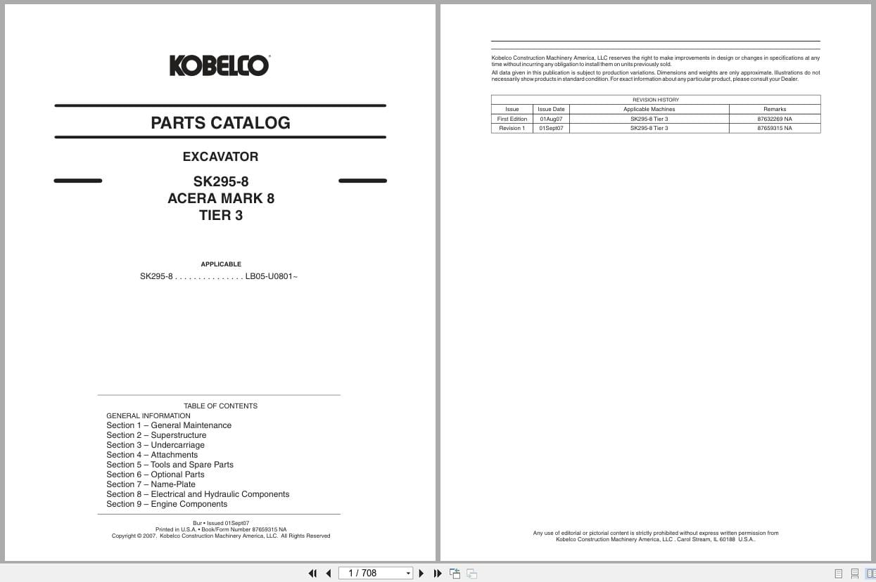 Kobelco Excavator SK295 8 Acera Mark 8 Tier 3 Parts Manual 87659315NA (1)