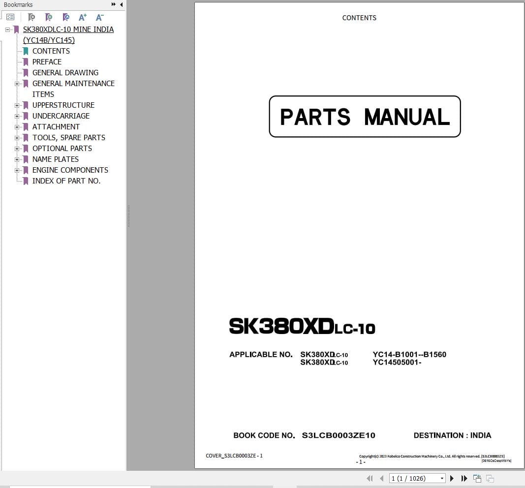 Kobelco Excavator SK380XDLC 10 Parts Catalog S3LCB0003ZE10 EN JP (1)