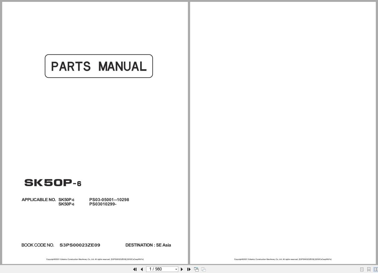 Kobelco Excavator SK50P 6 Parts Manual S3PS00023ZE09 2020 EN JP (1)