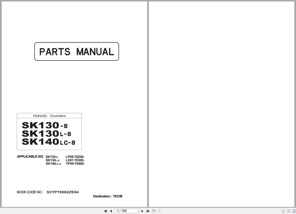 Kobelco Hydraulic Excavator SK130 8 SK130L 8 SK140LC 8 Parts Manual S3YPT0002ZE04 (1)