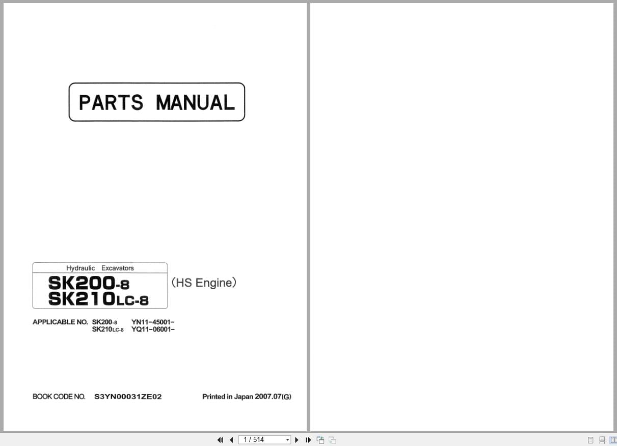 Kobelco Hydraulic Excavator SK200 8 SK210LC 8 Parts Manual S3YN00031ZE02 EN JP (1)