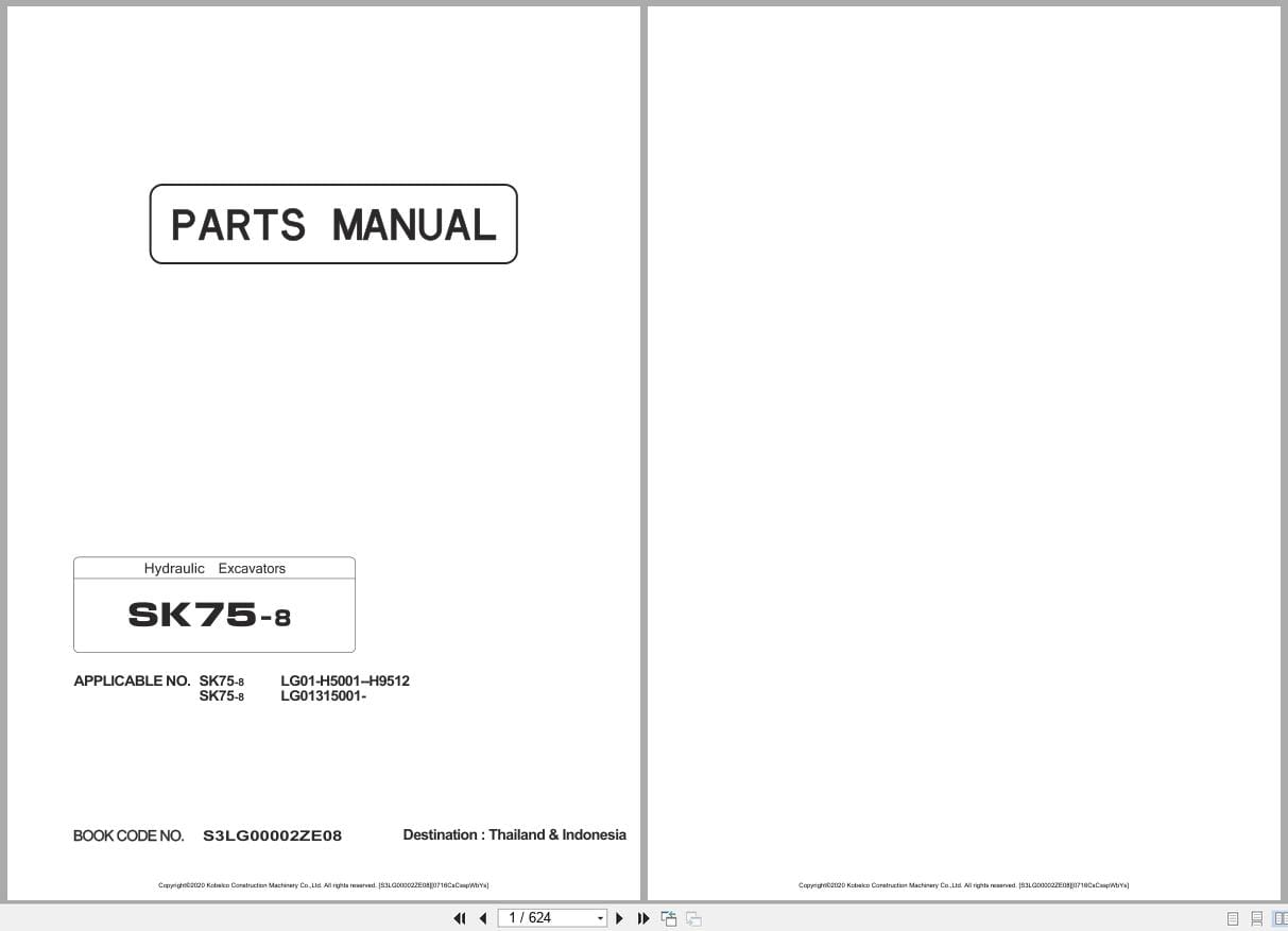 Kobelco Hydraulic Excavator SK75 8 Parts Manual S3LG00002ZE08 2020 EN JP (1)