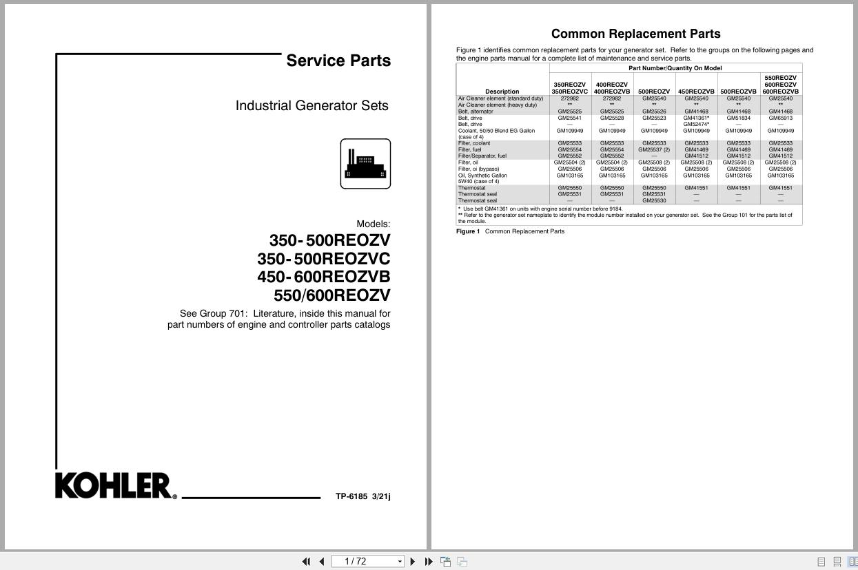 Kohler Generator 350REOZV to 600REOZV Parts Manual TP 6185 (1)