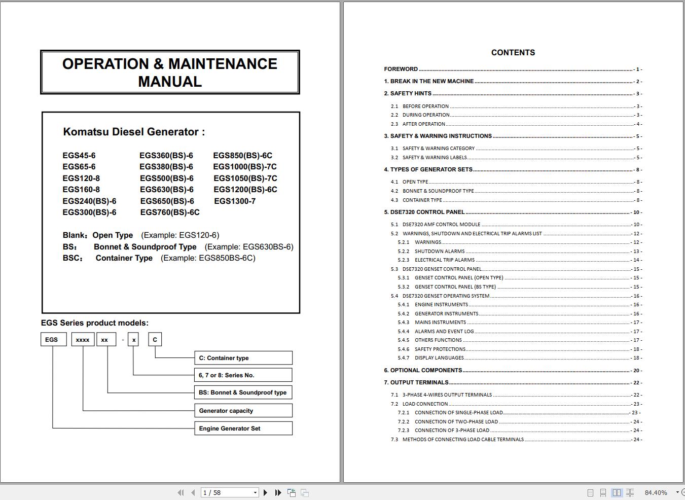 Komatsu Diesel Generator EGS45 6 to EGS1300 7 Operation Maintenance Manual