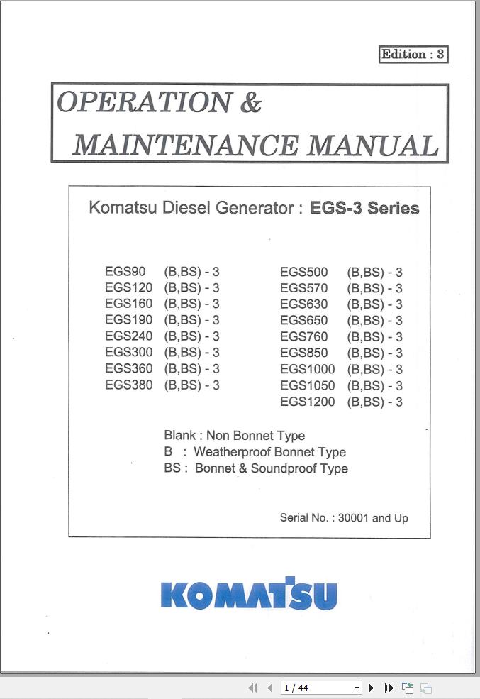Komatsu Diesel Generator EGS90B 3 to EGS1200BS 3 Operation Maintenance Manual