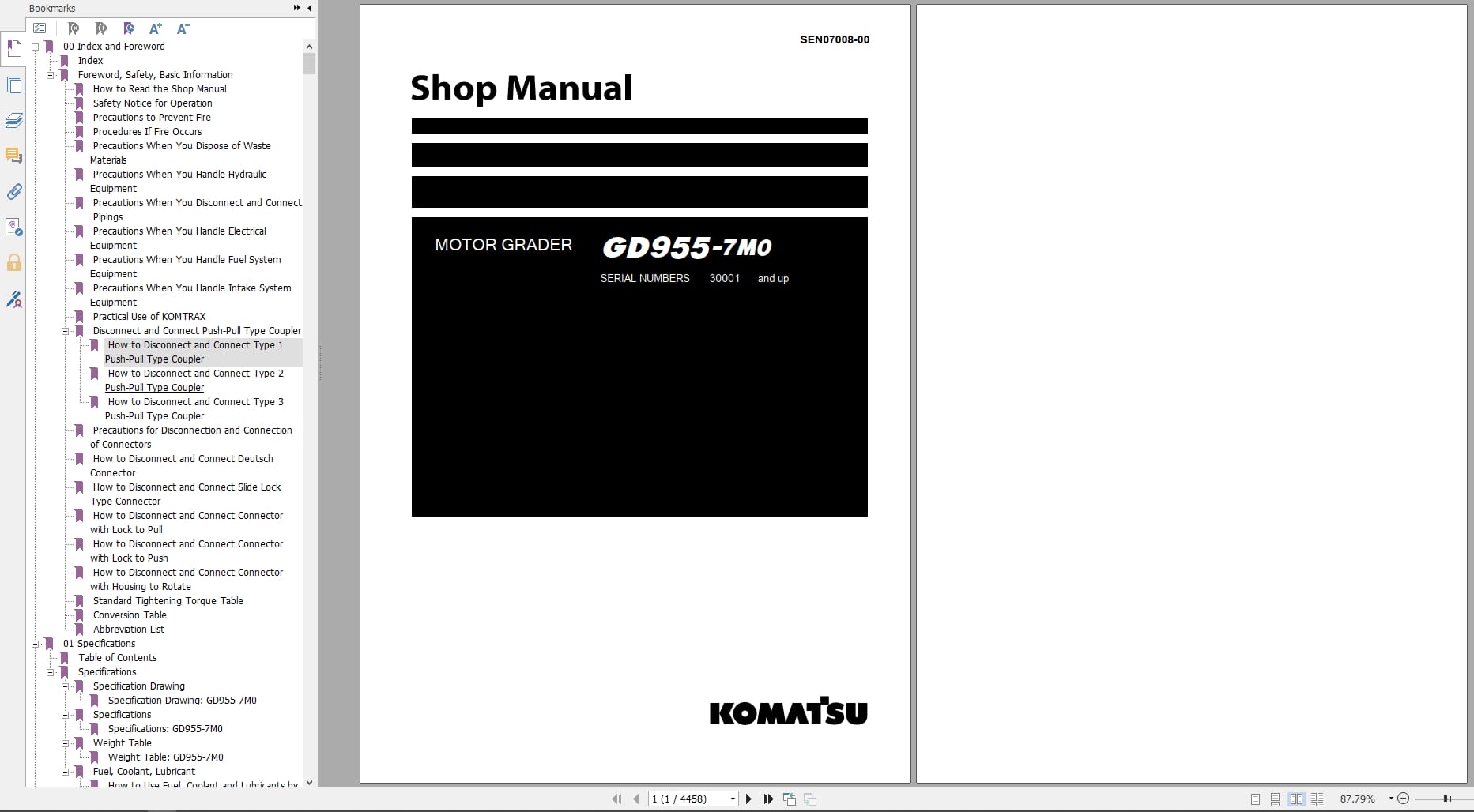 Komatsu Motor Grader GD955 7M0 Shop Manual And Wiring Diagram SEN07008 00 2024 (1)