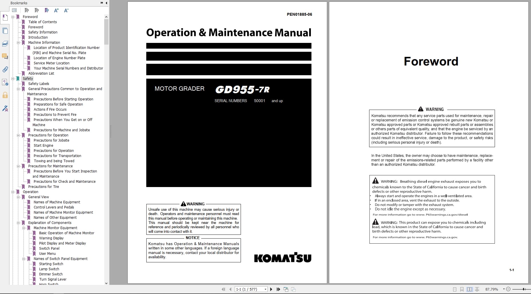 Komatsu Motor Grader GD955 7R Operation Maintenance Manual PEN01885 06 2025 (1)