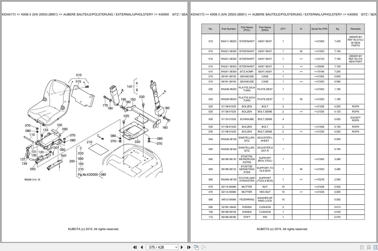 Kubota Excavator K008 3 Parts Catalog EN DE (3)