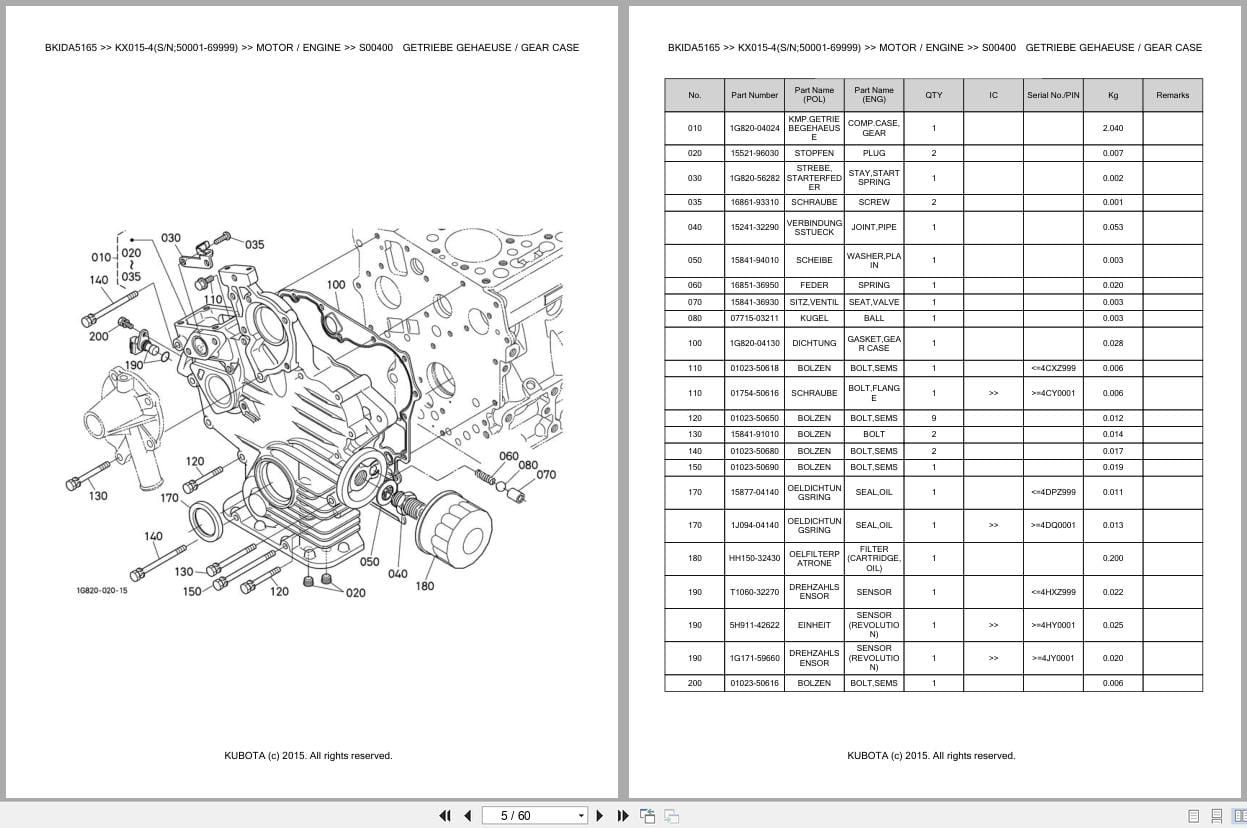 Kubota Excavator KX015 4 50001 69999 Parts Catalog EN DE (2)