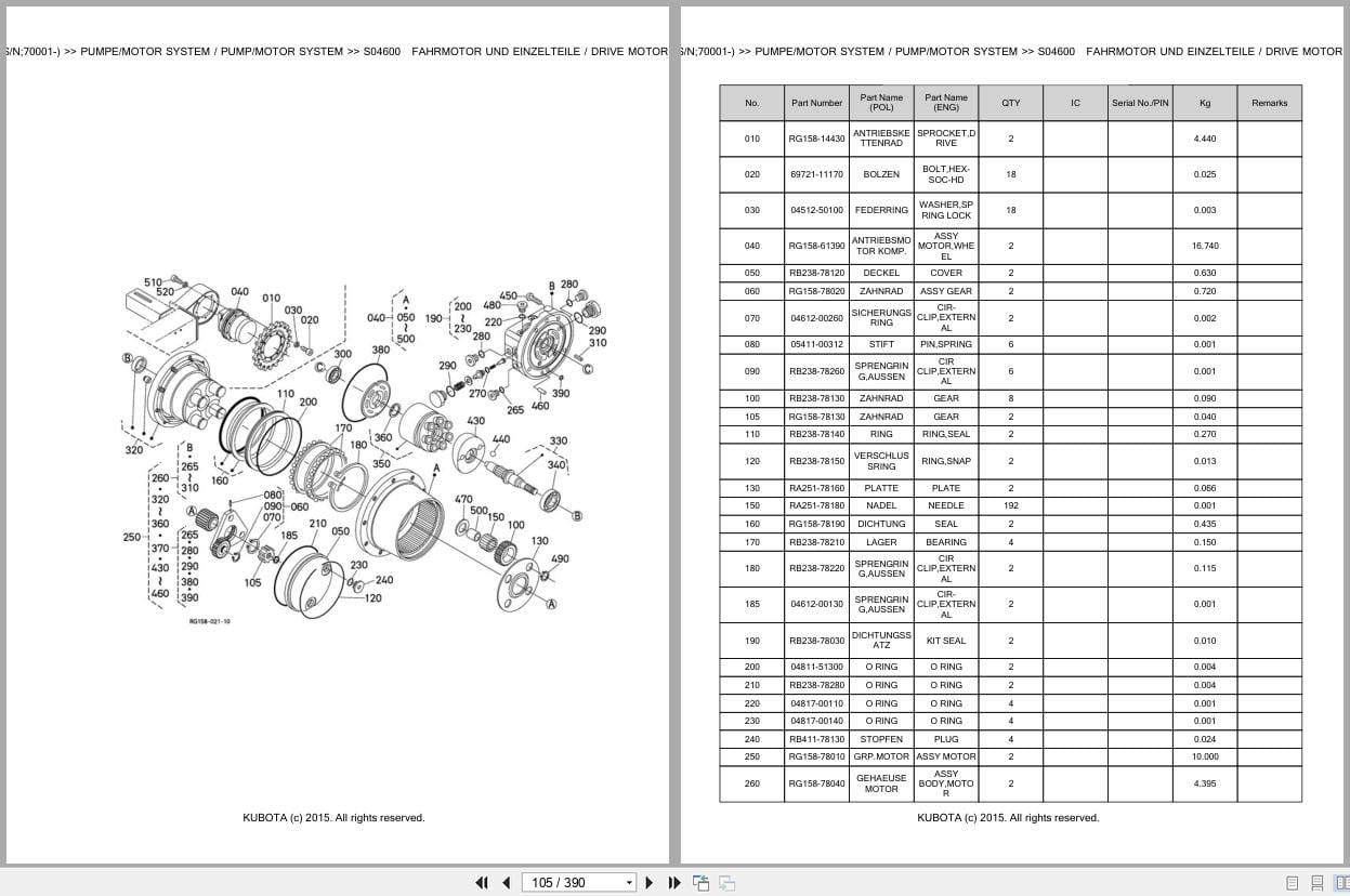 Kubota Excavator KX018 4 70001 Parts Catalog EN DE (2)