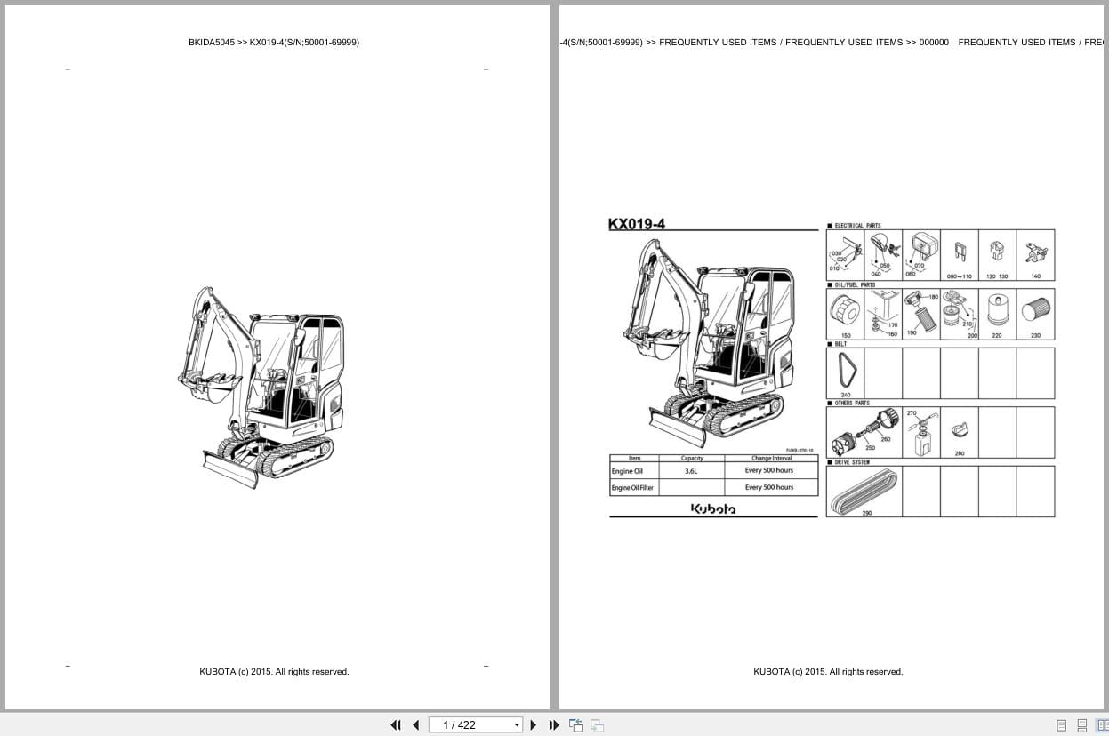 Kubota Excavator KX019 4 50001 69999 Parts Catalog EN DE (1)