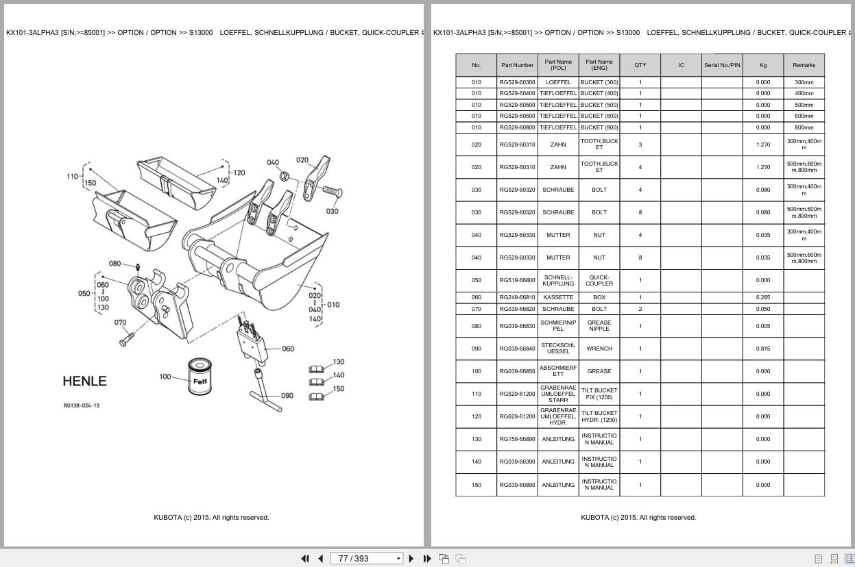 Kubota Excavator KX101 3 Alpha 3 85001 Parts Catalog EN DE (2)