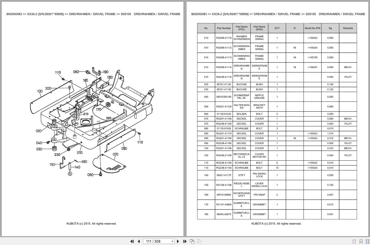 Kubota Excavator KX36 2 55001 69999 Parts Catalog EN DE (2)