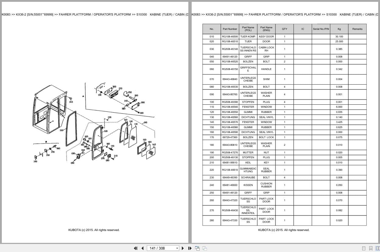 Kubota Excavator KX36 2 55001 69999 Parts Catalog EN DE (3)