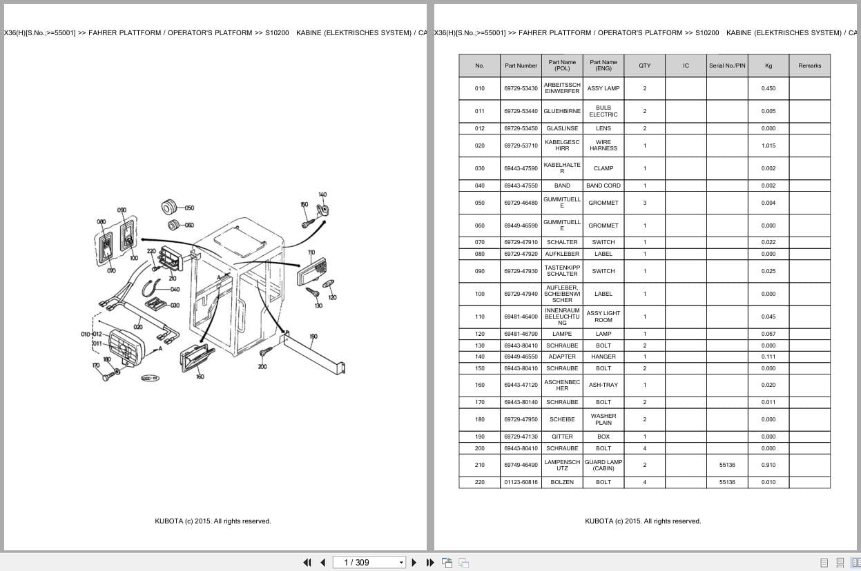 Kubota Excavator KX36 KX36H 55001 Parts Catalog EN DE (1)