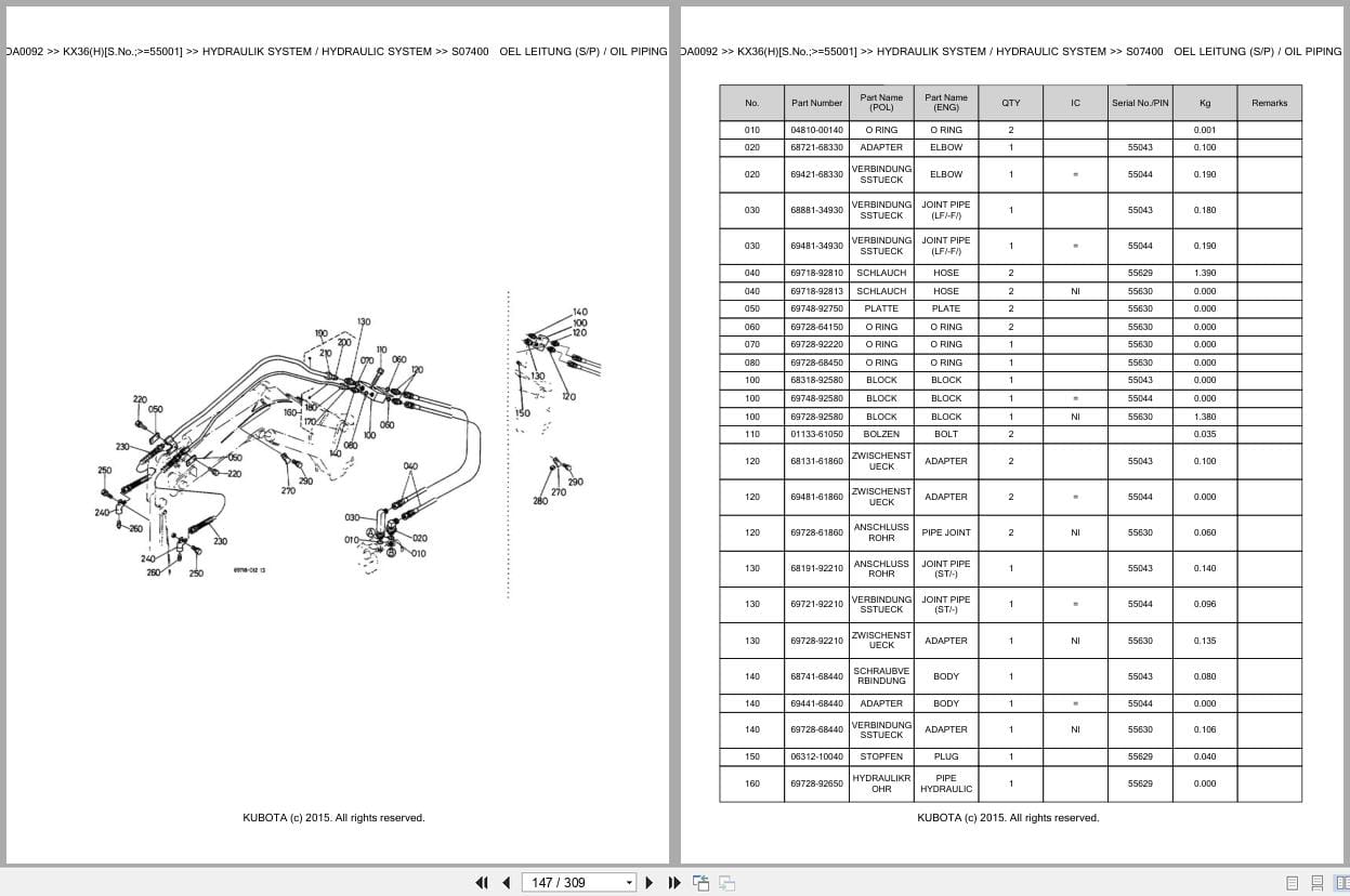 Kubota Excavator KX36 KX36H 55001 Parts Catalog EN DE (2)