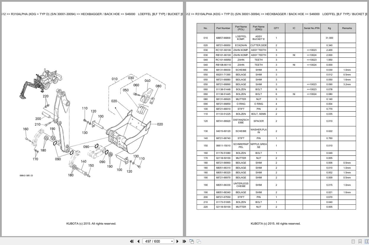 Kubota Excavator R310 Alpha KDG TYP D 30001 30094 Parts Catalog EN DE (3)