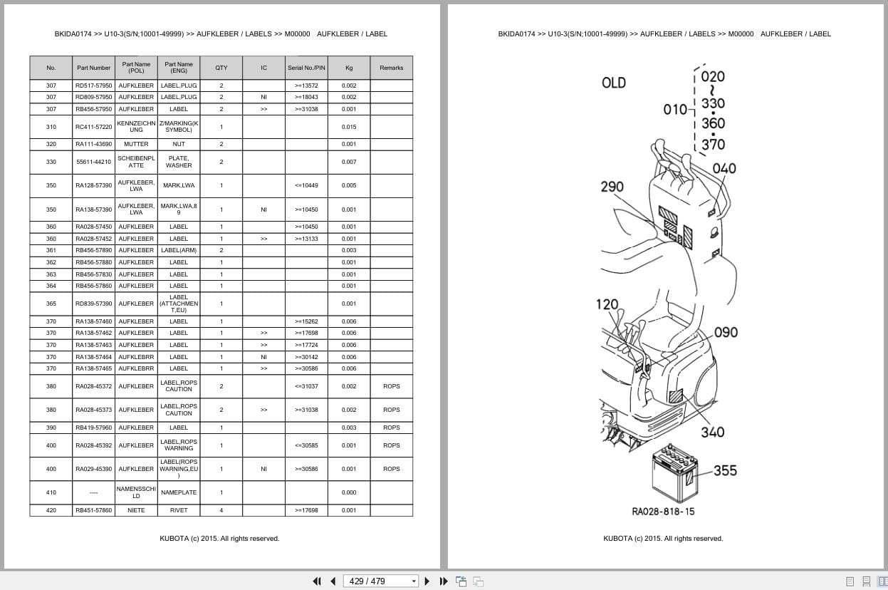 Kubota Excavator U10 3 10001 49999 Parts Catalog EN DE (3)